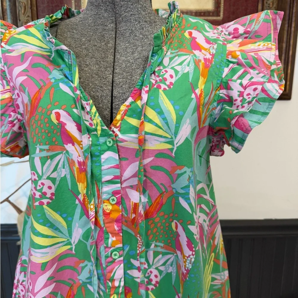 Michelle McDowell In The Trees Colorful Tropical Mini Dress ~ Size Medium 🧡🍄 - Picture 3 of 10